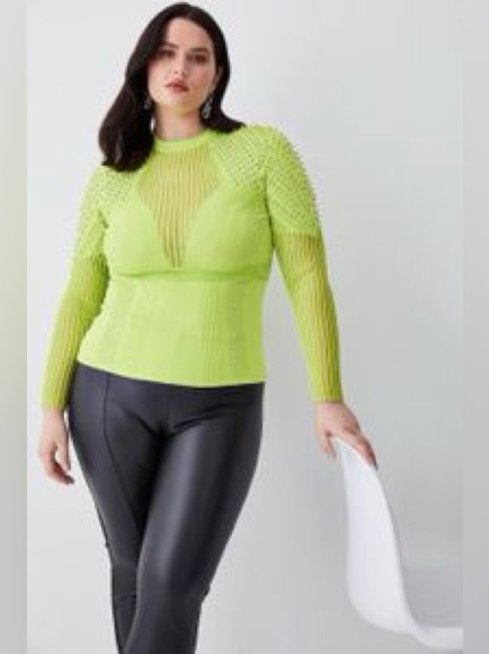 Karen Millen Neon Lime Stud-Embellished Ribbed Long Sleeve Top Size XL - NWT!
